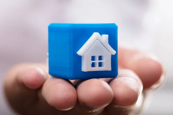 Close-up of a person's hand holding blue cubic block with house model