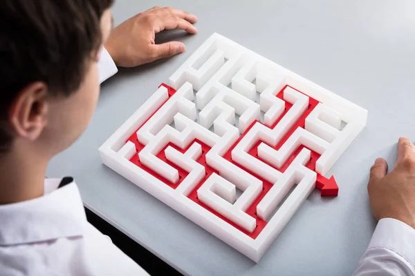 Elevated View Businessman Solving Maze Desk — Stock Photo, Image