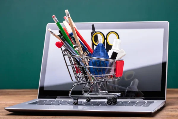 Stationery Items Shopping Trolley Laptop Keypad — Stock Photo, Image