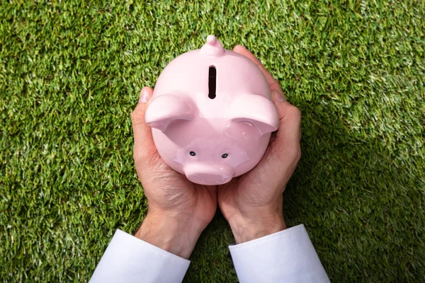 Elevated View Person Holding Pink Piggybank Green Grass — Stock Photo, Image