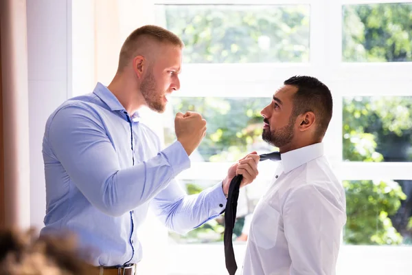 Side View Angry Young Businessman Fighting His Coworker — Stock Photo, Image