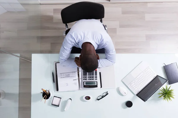 Overhead View Businessman Sleeping Invoice Calculator Workplace — Stock Photo, Image