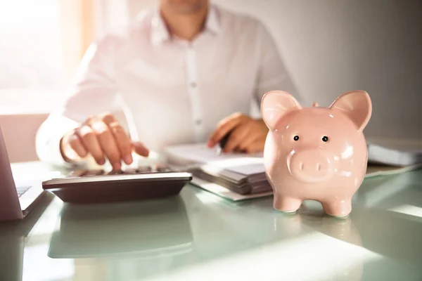 Nahaufnahme Eines Sparschweins Vor Einem Geschäftsmann Der Mit Einem Taschenrechner — Stockfoto