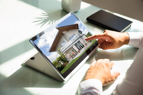 Close Businessman Hand Checking House Laptop — Stock Photo, Image