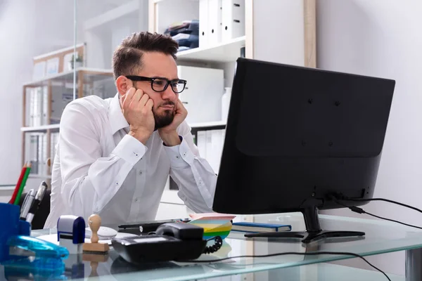 Stressed Young Businessman Sitting Computer Office — Stock Photo, Image