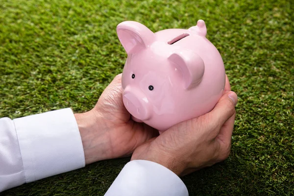 Elevated View Person Holding Pink Piggybank Green Grass — Stock Photo, Image
