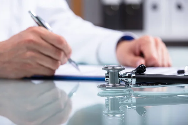 Doctor Working Document Stethoscope Desk — Stock Photo, Image