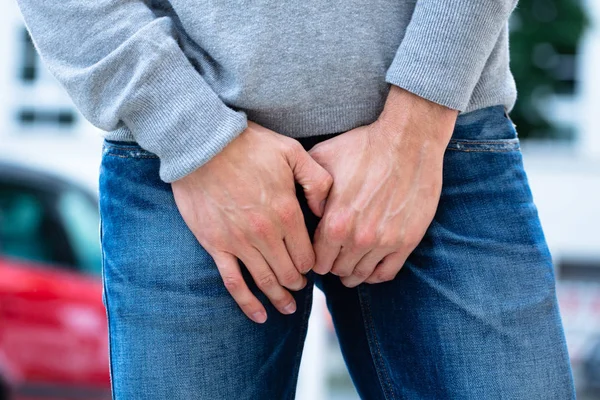 Close Man Hand His Crotch — Stock Photo, Image