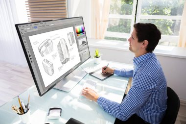 Bir genç erkek tasarımcı çizim bavul üzerinde bilgisayar kullanarak grafik Tablet yan görünüm