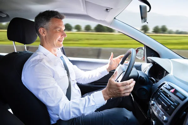 Side View Happy Man Self Driving Car — Stock Photo, Image