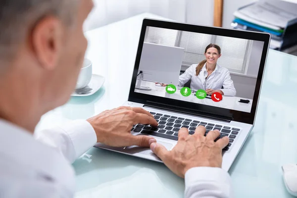 Businessman Hand Videoconferencing Happy Female Doctor Laptop — Stock Photo, Image