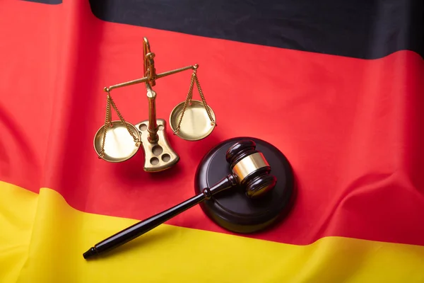 Elevated View Mallet Justice Scale German Flag — Stock Photo, Image