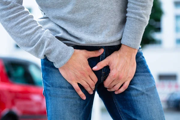 Close-up Of A Man's Hand On His Crotch — Stock Image Close Man Hand His Crotch Stock Photo