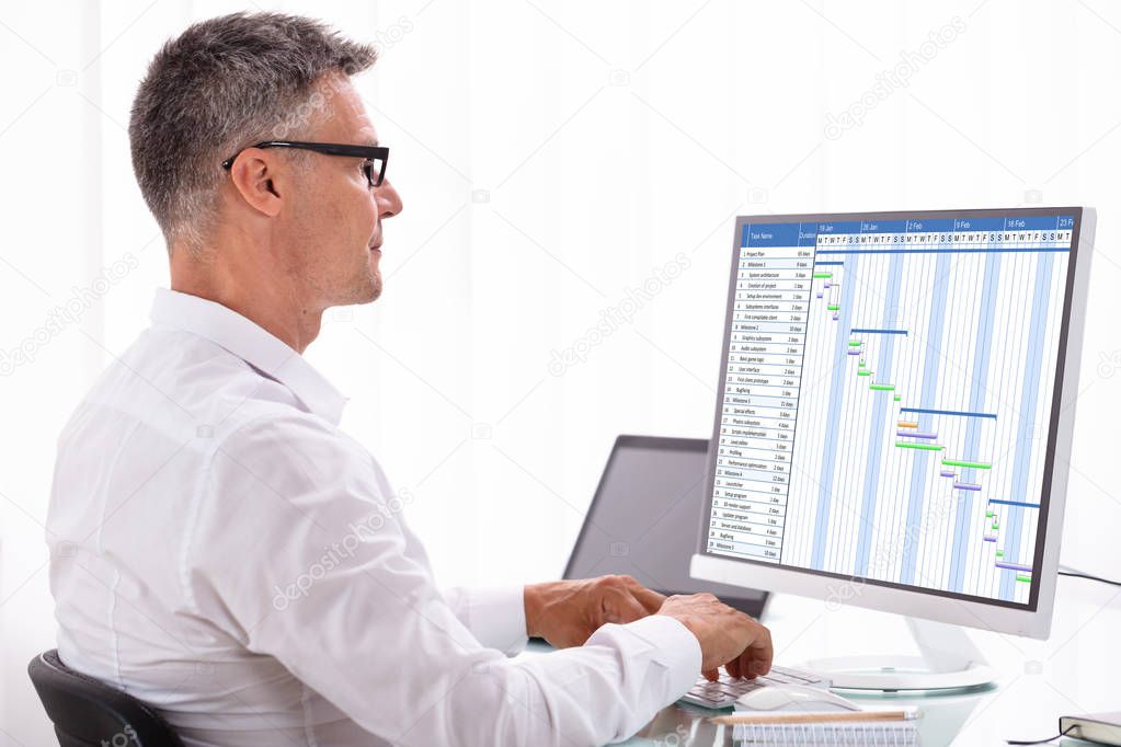 Side View Of A Mature Businessman Analyzing Gantt Chart On Computer In Office