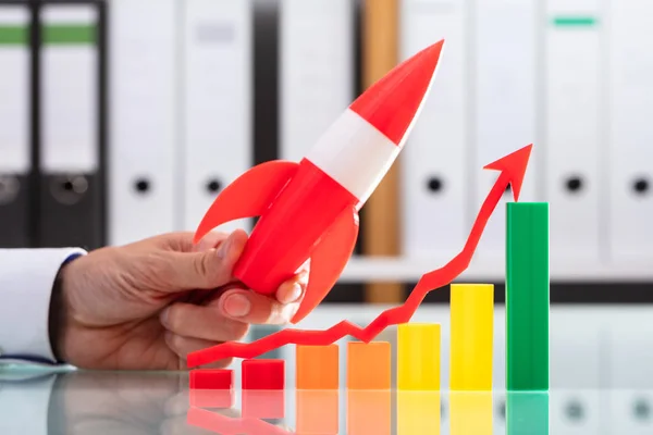 Businessman Flying Rocket Colorful Graph Arrow Going Upward Direction — Stock Photo, Image