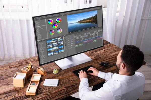 Young Male Editor Editing Video Computer Workplace — Stock Photo, Image