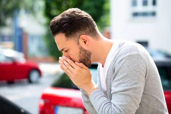 Close Young Man Coughing Outdoor — Stock Photo, Image