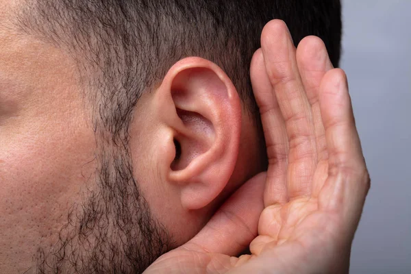 Close Man Trying Hear Hand Ear — Stock Photo, Image