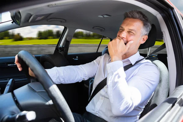 Close Mature Man Yawning While Traveling Car — Stock Photo, Image
