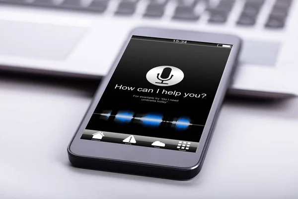 Telefon Inteligent Birou Ecran Care Arată Cum Pot Ajuta Text — Fotografie, imagine de stoc