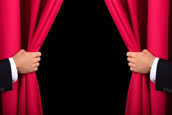Close Two Men Hand Opening Red Curtain — Stock Photo, Image