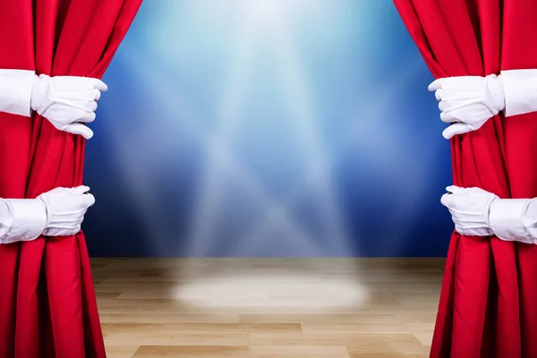 Two People Opening Red Stage Curtain Three Spot Lights Background — Stock Photo, Image