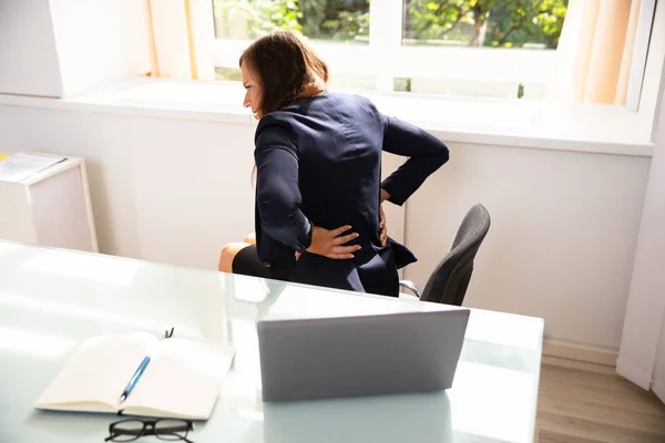 Young Businesswoman Sitting Chair Suffering Back Pain — Stock Photo, Image