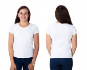 Front And Rear View Of A Happy Woman In Blank White T-shirt