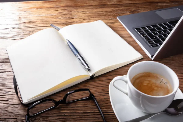 Open Notebook Coffee Eyeglasses Wooden Desk — Stock Photo, Image