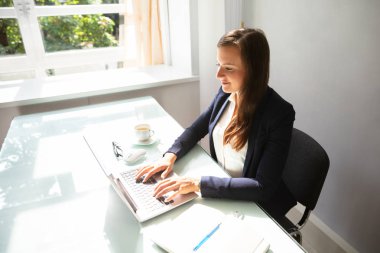 Genç işkadını günlüğü üstünde okul sırası ile Laptop yazarak