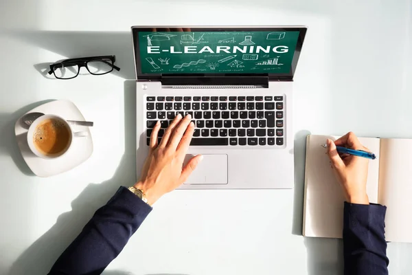 Elevated View Businesswoman Hand Laptop Showing Learning Concept Screen — Stock Photo, Image