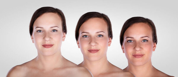 Молодая женщина с концепцией отбеливания кожи на сером фоне
