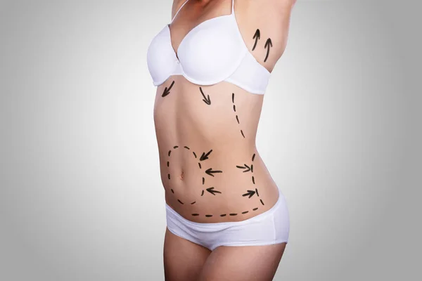 Midsection View Woman Correction Lines Grey Background — Stock Photo, Image