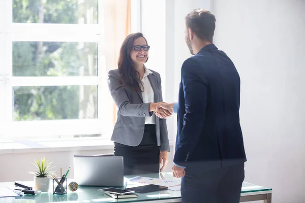 Smiling Young Businesswoman Shaking Hands Her Partner Office — Stock Photo, Image