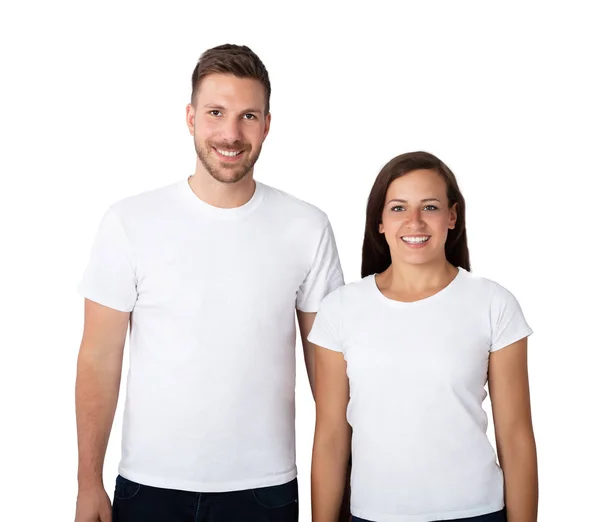 Retrato Una Joven Pareja Sonriente Sobre Fondo Blanco —  Fotos de Stock