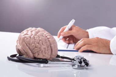 Beyin modeli ve Doktor yazma panosuna önünde masada stetoskop