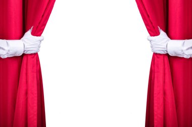 Close-up Of Two Men's Hand Opening Red Curtain clipart