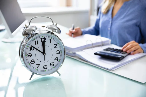 Close Alarm Clock Front Businesswoman Working Workplace — Stock Photo, Image