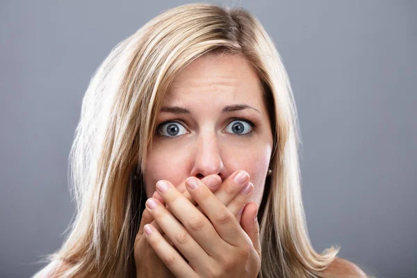 Shocked Woman Hand Mouth Grey Background Royalty Free Stock Images