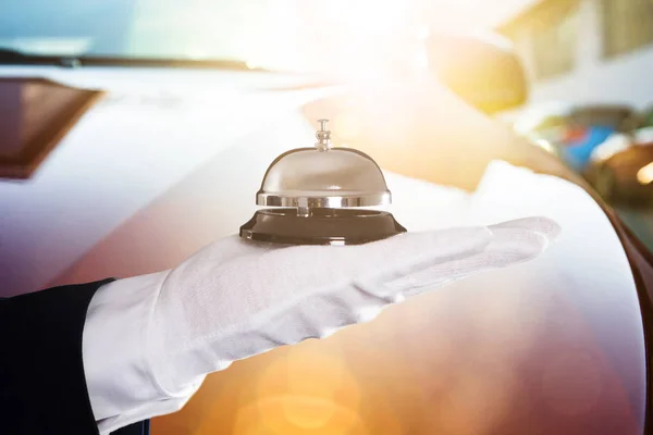 Close Person Hand Holding Service Bell Front Car — Stock Photo, Image