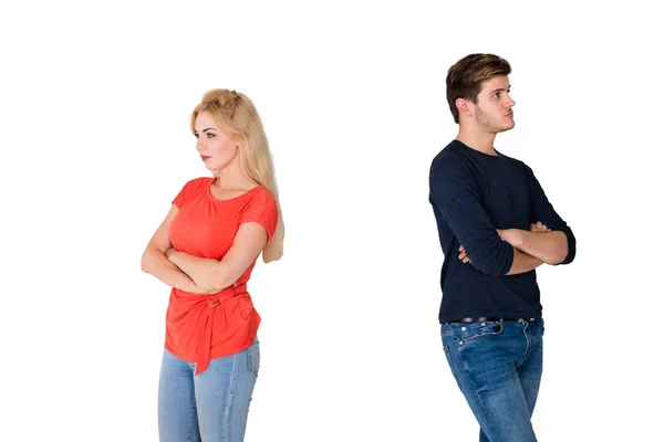 Bouleversé Jeune Couple Debout Dos Dos Sur Fond Blanc — Photo