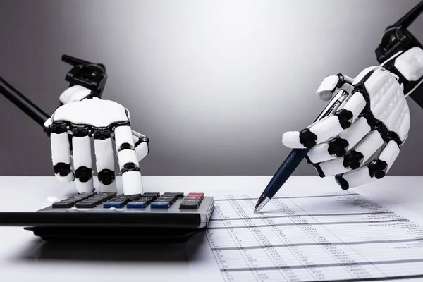 Close Robot Examining Financial Report Calculator Desk — Stock Photo, Image