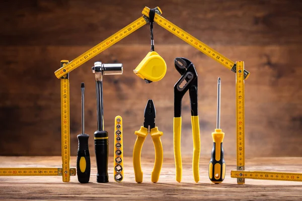 Mérőszalag Eszközök Különböző Worktools Álló Ház — Stock Fotó