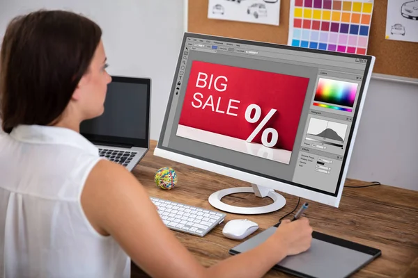 Female Designer Using Graphic Tablet While Working Computer — Stock Photo, Image