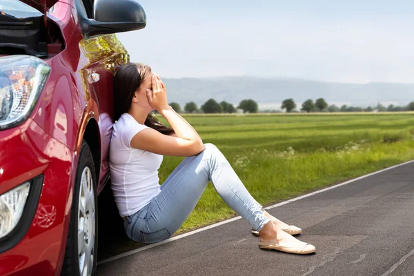 Side View Depressed Woman Sitting Road Breakdown Car — стоковое фото