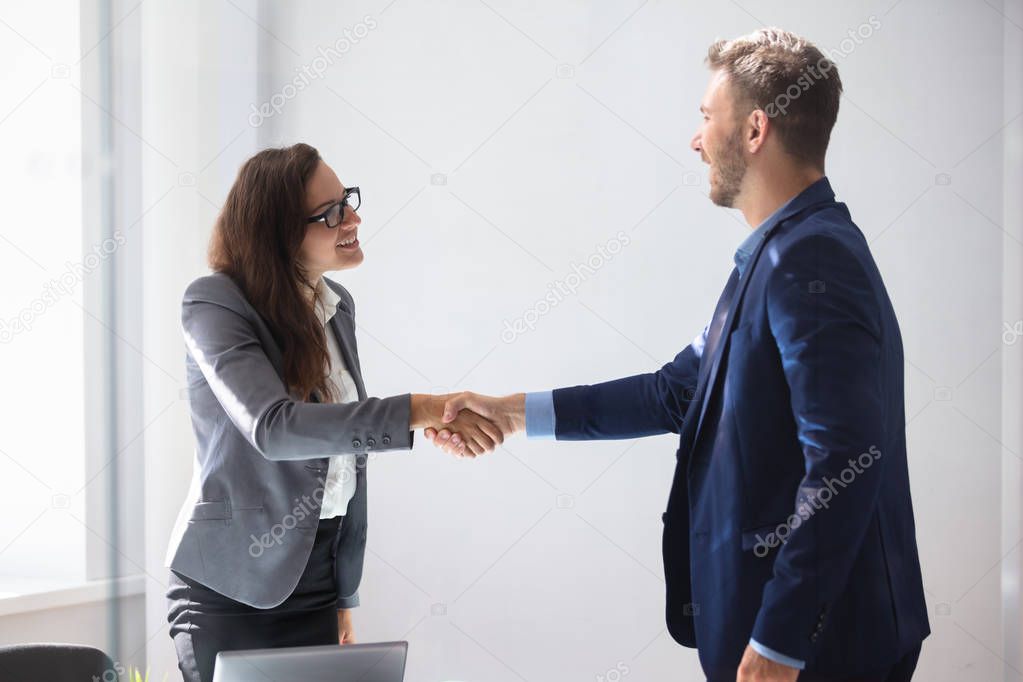 Smiling Young Businesswoman Shaking Hands With Her Partner In Office