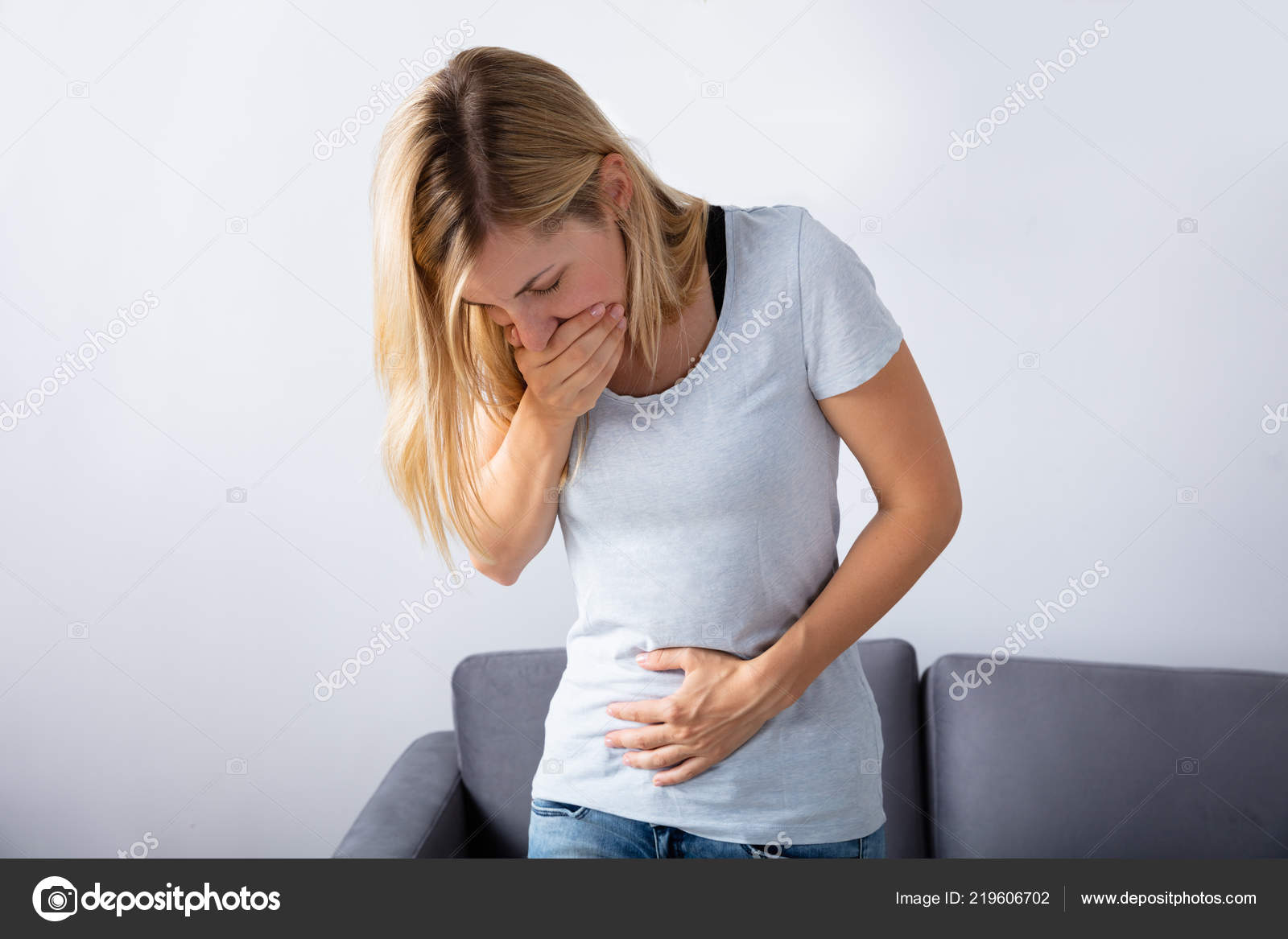 Young Pregnant Woman Suffering Nausea Home — Stock Photo © AndreyPopov