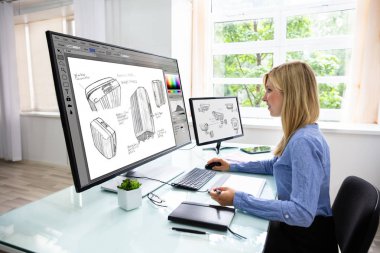 Genç bir kadın tasarımcı grafik Tablet bilgisayarda çalışırken kullanarak yan görünüm