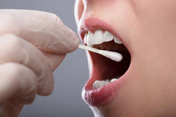 Close Woman Hand Taking Saliva Text Her Mouth — Stock Photo, Image