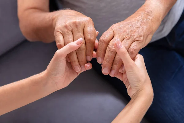 Close Daughter Holding Her Elderly Father Hand — Stock Photo, Image